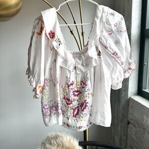 Anthropologie Floral Embroidered Babydoll Top